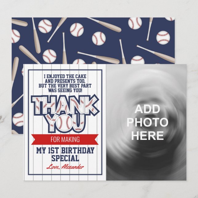 Baseball themed birthday thank you card with photo (Front/Back)