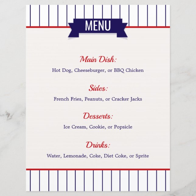 Baseball Themed Party Menu (Front)