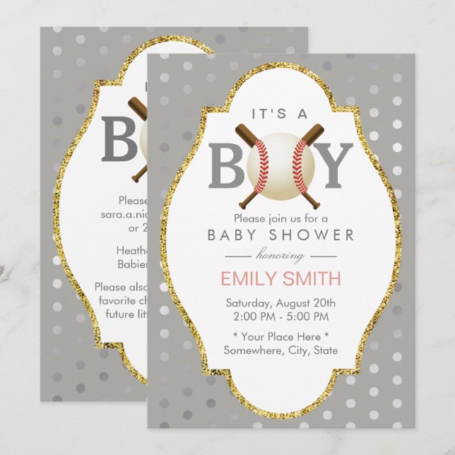 Baseball Themed Silver Polka Dots Boy Baby Shower Invitation (Front/Back)