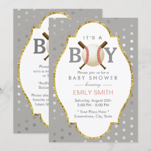 Baseball Themed Silver Polka Dots Boy Baby Shower Invitation