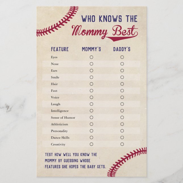 Baseball Themed Who Knows Mummy Best Shower Game Flyer (Front)