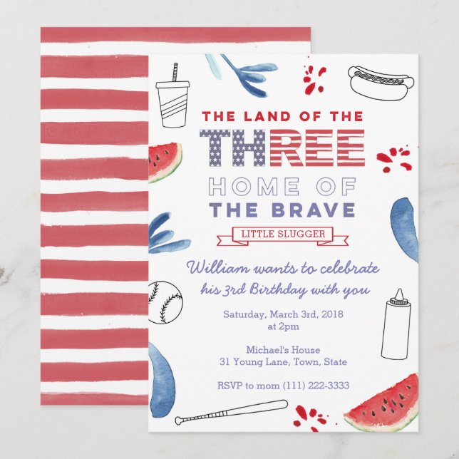 Baseball Third Birthday Invitation, hotdog and bat Invitation (Front/Back)