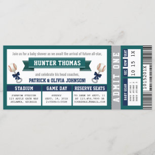 Baseball Ticket Baby Shower, Blue, Green Invitation
