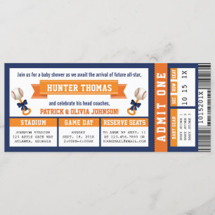 Baseball Ticket Baby Shower, Blue, Orange Invitation