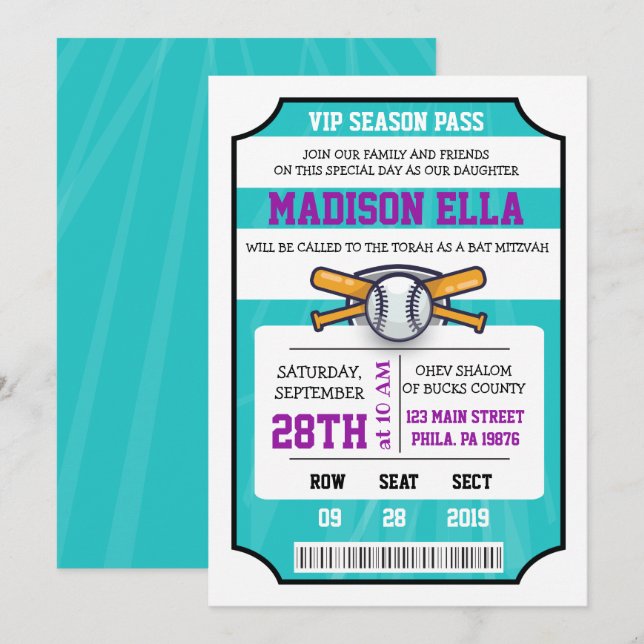BASEBALL TICKET Bar Bat Mitzvah Invitation (Front/Back)