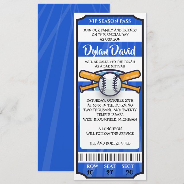 BASEBALL TICKET Bar Bat Mitzvah Invitation (Front/Back)
