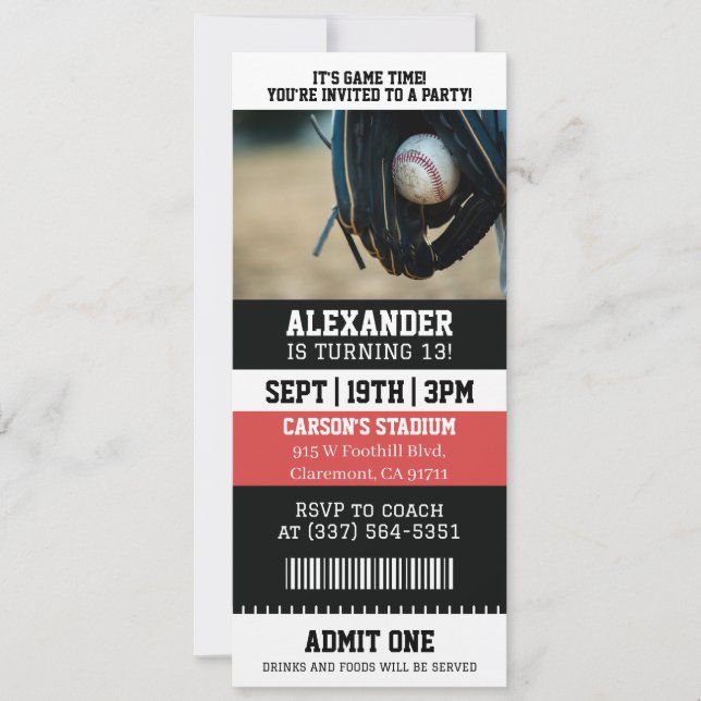 Baseball Ticket Birthday Invitation (Front)