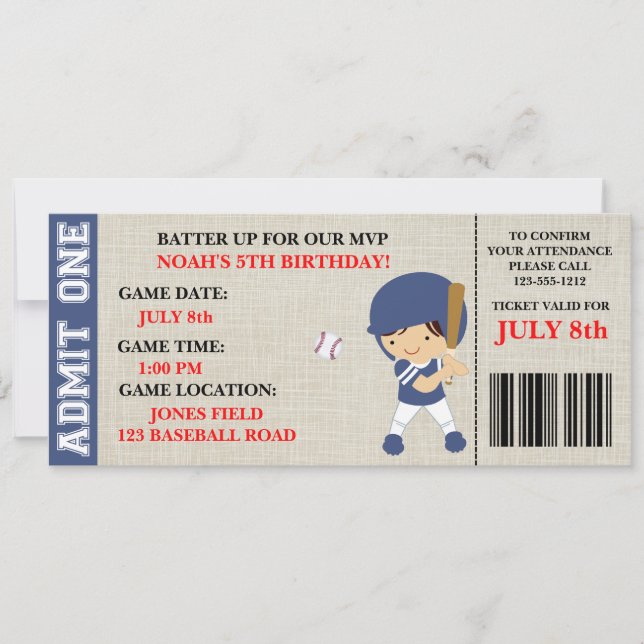 Baseball ticket birthday invitation customisable (Front)