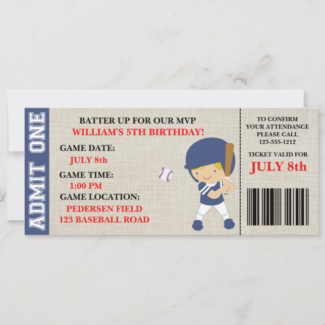 Baseball ticket birthday invitation customisable (Front)