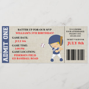 Baseball ticket birthday invitation customisable
