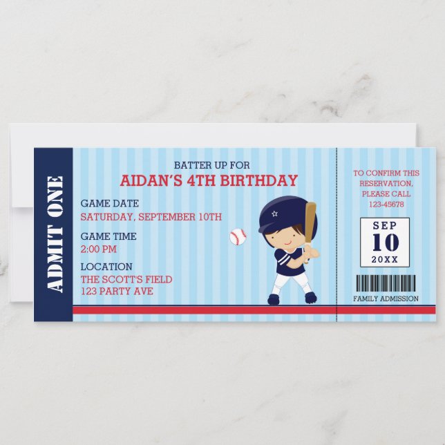 Baseball Ticket Birthday Invitations (Navy Red) (Front)
