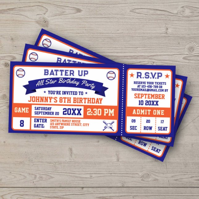 Baseball Ticket Birthday Party Blue Orange Invitation (Creator Uploaded)