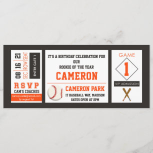 Baseball Ticket Birthday Party Invitation Orange