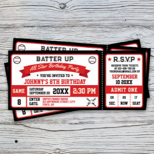 Baseball Ticket Birthday Party Red Black Invitation