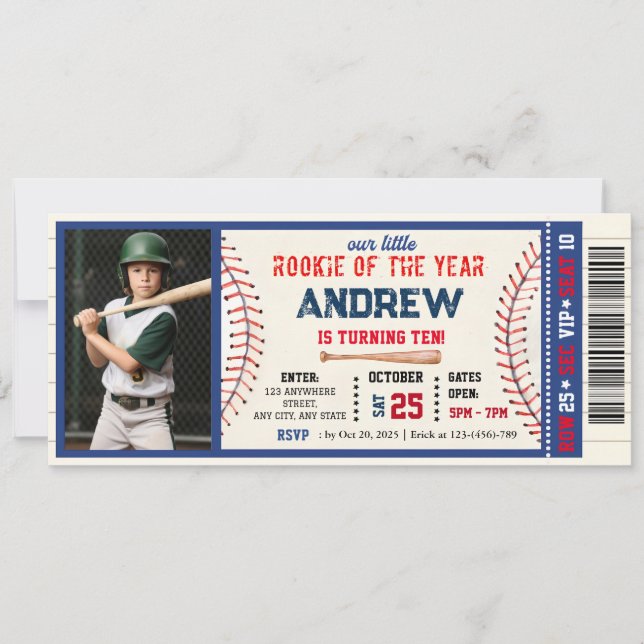 Baseball ticket little rookie birthday With photo Invitation (Front)