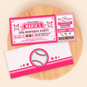 Baseball Ticket Pass Birthday Invitation Pink