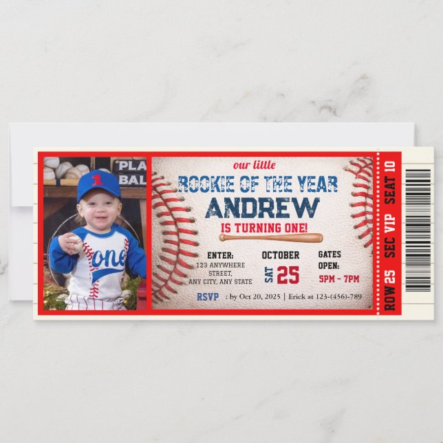 Baseball ticket red theme birthday With photo  Invitation (Front)