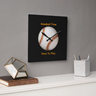 Baseball Time, Time  to Play Black  Square Wall Clock