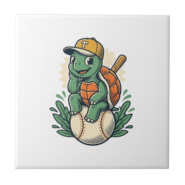 Baseball Turtle Vintage Engraving Graphic Design_1 Tile (Front)