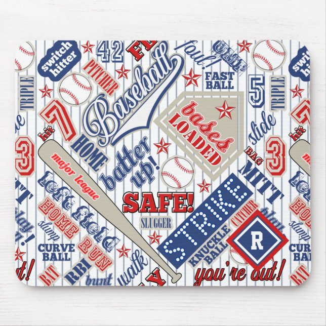 Baseball Typography Red White Blue Stripes ID770 Mouse Mat (Front)