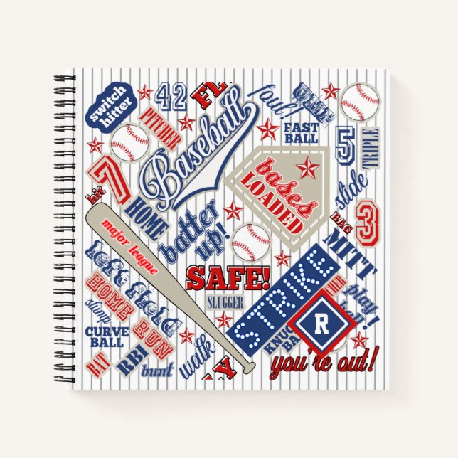 Baseball Typography Red White Blue Stripes ID770 Notebook (Front)