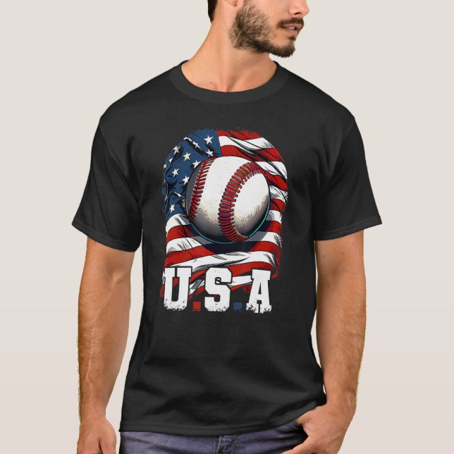 Baseball USA Flag Patriotic  4th Of July Baseball T-Shirt (Front)