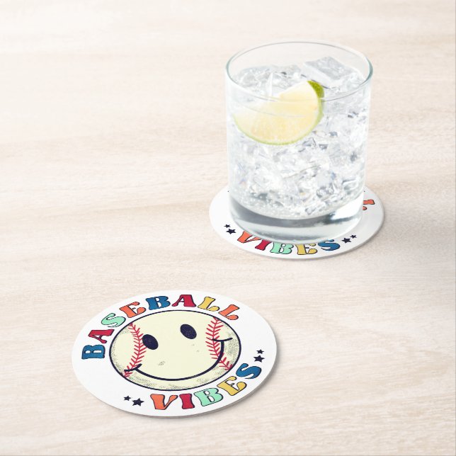 Baseball Vibes Happy Face Ball  Round Paper Coaster (Insitu)