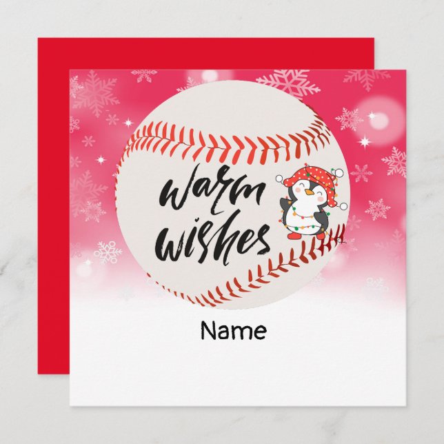 Baseball Warm Wishes with Penguin Funny Player  Holiday Card (Front/Back)