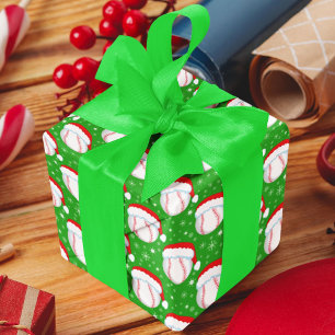 Baseball Wearing Santa's Hat & Snowflakes Green Wrapping Paper