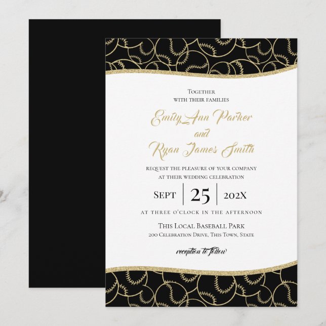 Baseball Wedding Gold and Black Invitation (Front/Back)