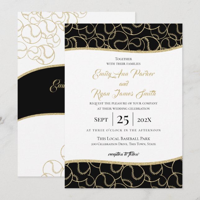 Baseball Wedding Gold and Black Invitation (Front/Back)