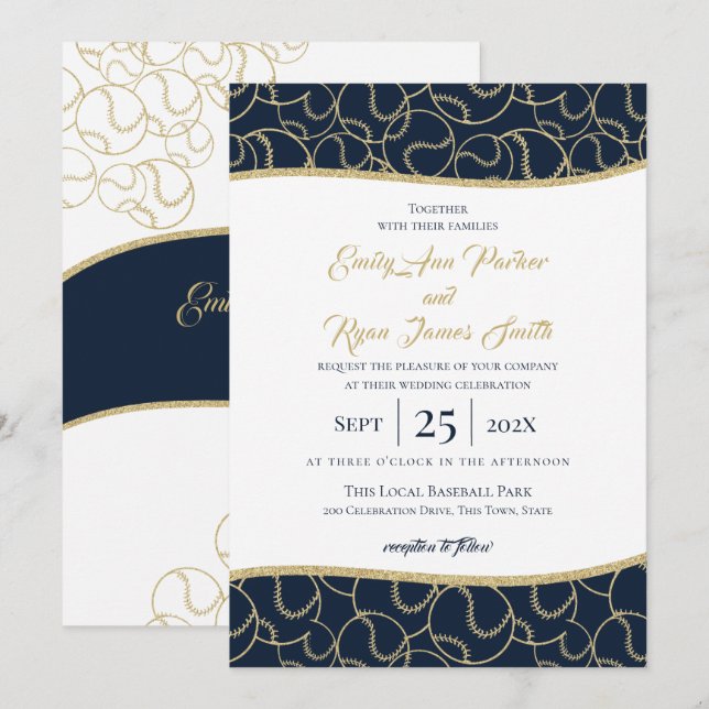 Baseball Wedding Gold and Blue Invitation (Front/Back)