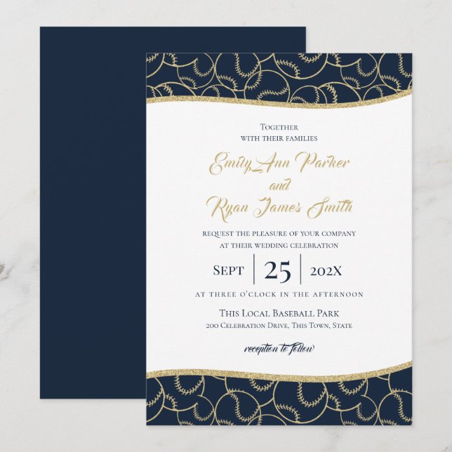 Baseball Wedding Gold and Blue Invitation (Front/Back)