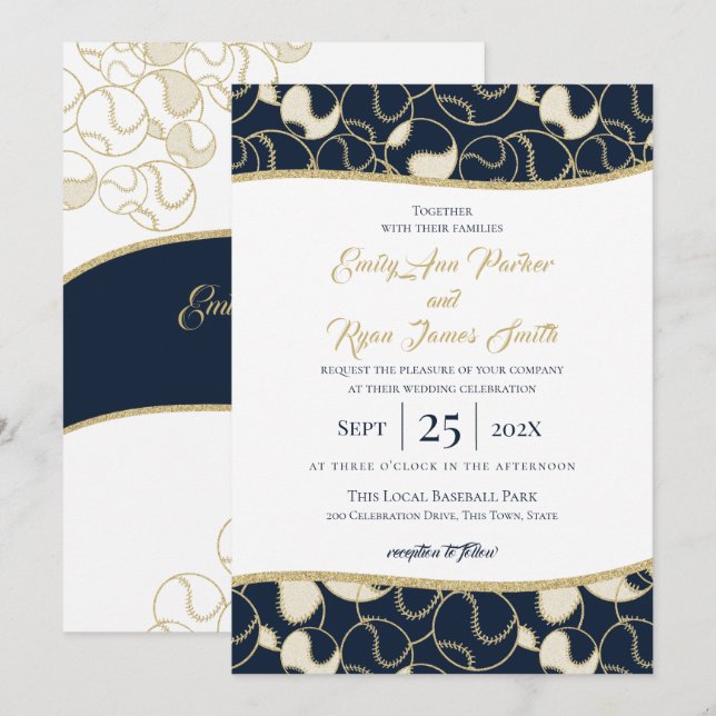 Baseball Wedding Gold and Blue Invitation (Front/Back)