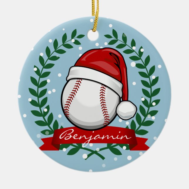 Baseball With A Christmas Style Santa Hat Ceramic Tree Decoration (Front)