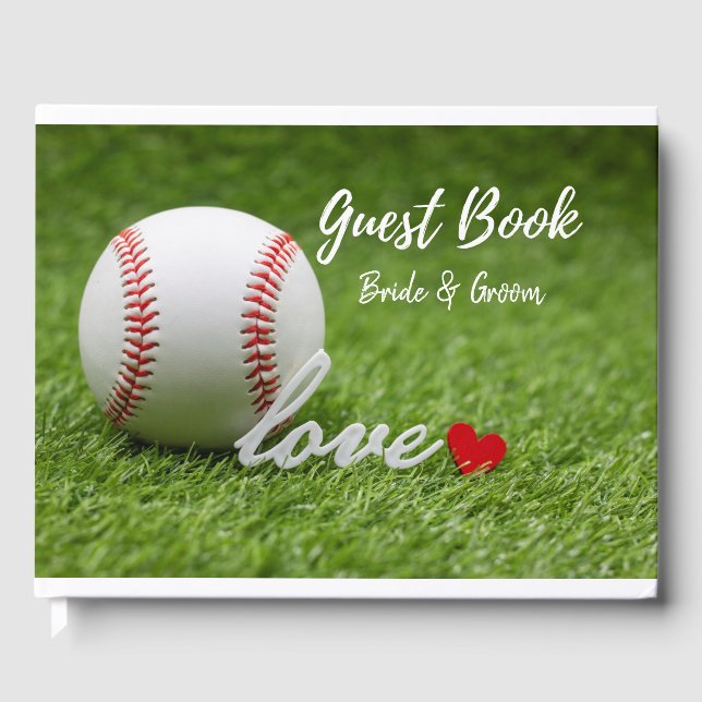Baseball with LOVE word red heart on green wedding Guest Book (Front)