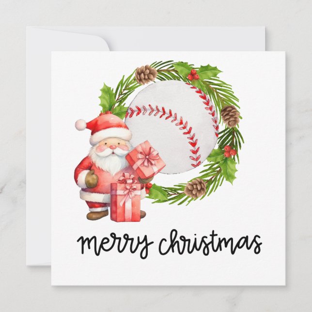 Baseball with Santa Claus Flat Holiday Card (Front)
