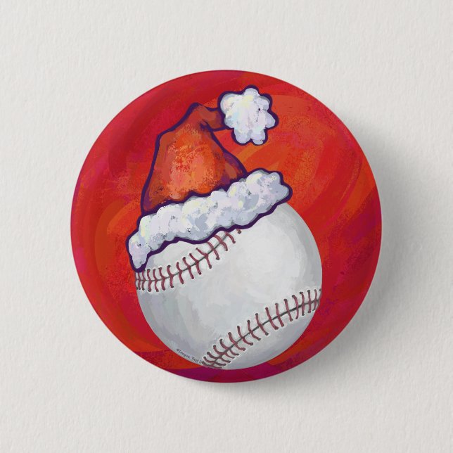 Baseball with Santa Hat on Red 6 Cm Round Badge (Front)