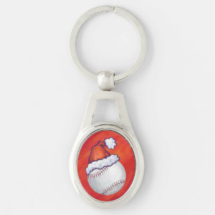 Baseball with Santa Hat on Red Key Ring