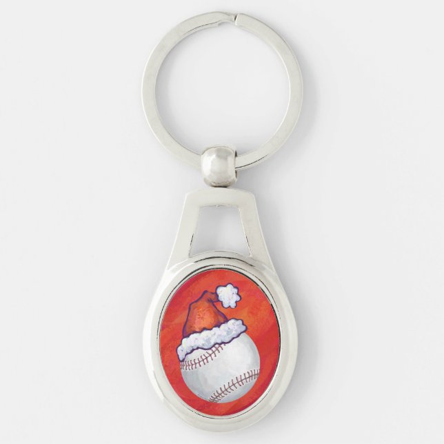 Baseball with Santa Hat on Red Key Ring (Front)
