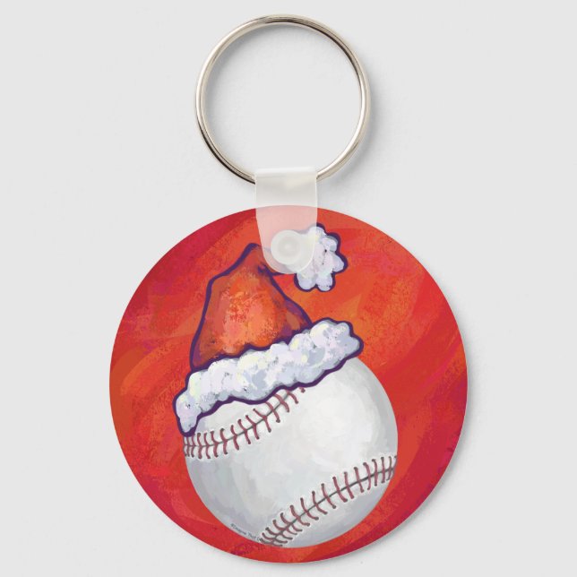 Baseball with Santa Hat on Red Key Ring (Front)