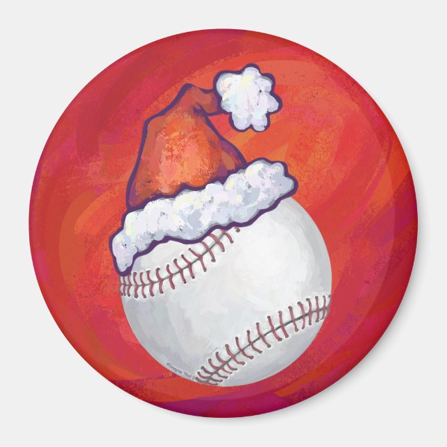 Baseball with Santa Hat on Red Magnet (Front)