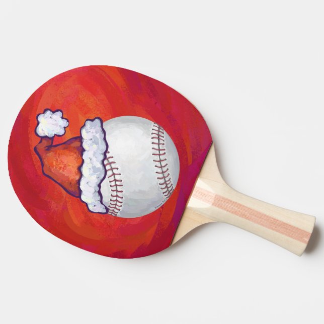 Baseball with Santa Hat on Red Ping Pong Paddle (Side)
