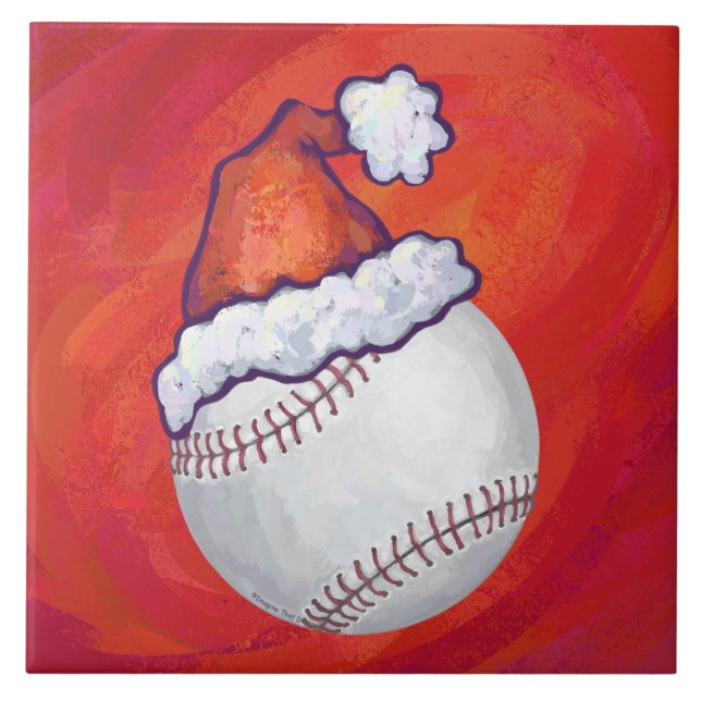 Baseball with Santa Hat on Red Tile (Front)