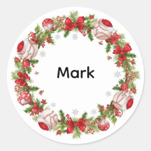 Baseball  Wreath Christmas themed Classic Round Sticker