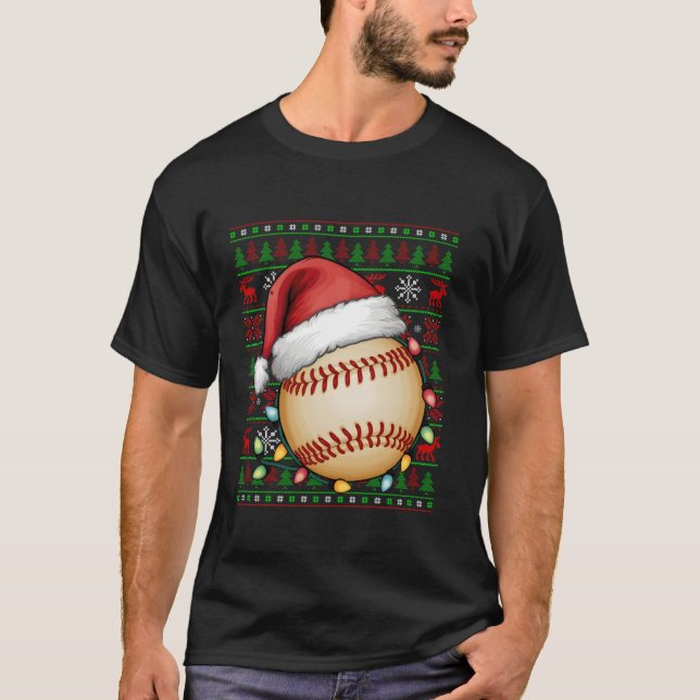 Baseball Xmas Lights Ugly Santa Hat Baseball Chris T-Shirt (Front)