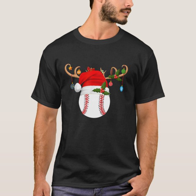 Baseball Xmas Reindeer Santa Hat baseball Christma T-Shirt (Front)