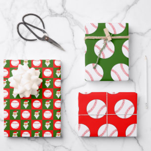 Baseballs and Santa Clause Red and Green Christmas Wrapping Paper Sheet