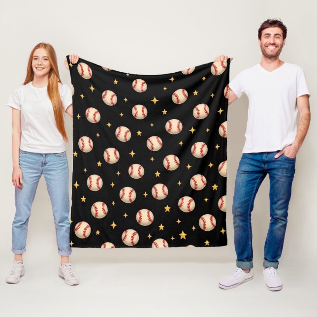 Baseballs Black Night Stars Fleece Blanket (In Situ)