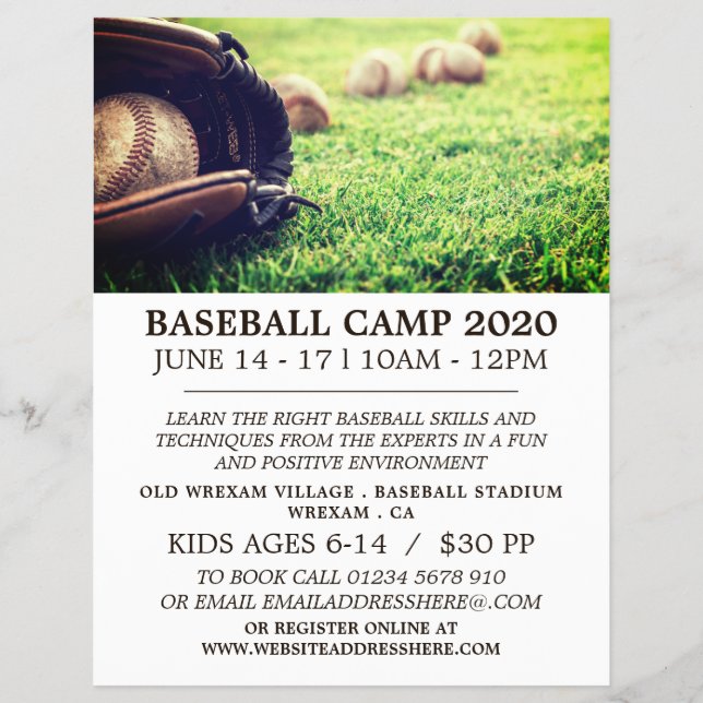 Baseballs on Field, Baseball Camp Advert Flyer (Front)